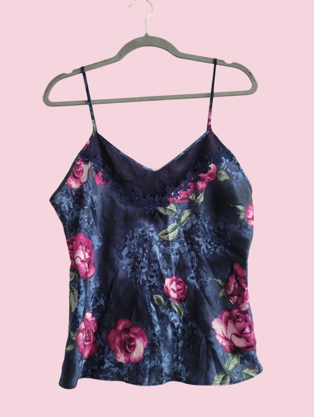 VTG Dark Romantic Floral Satin Velour Lace Camisole Tank Top Blue Purple Large